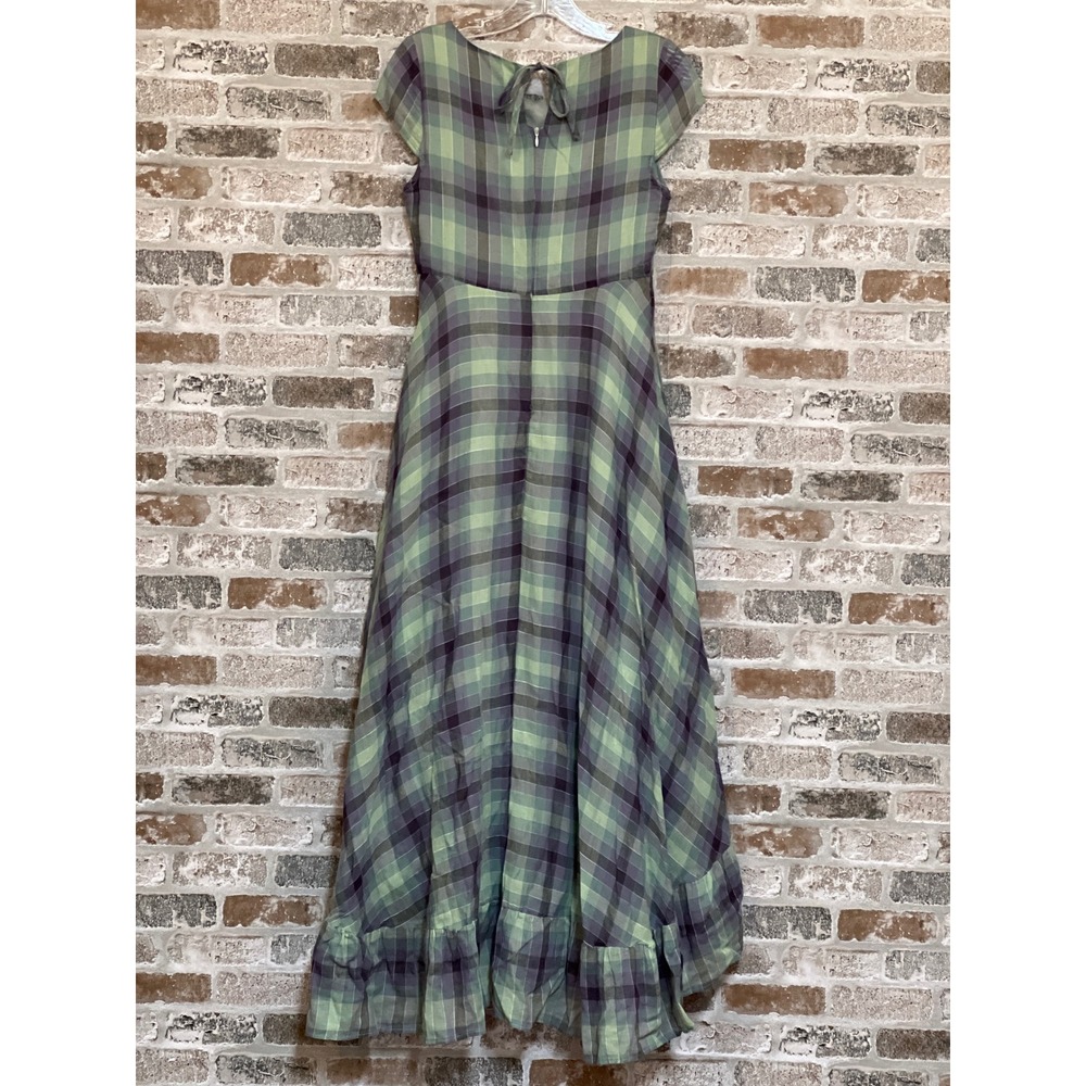 Mia Joy Plaid Maxi Dress Ruffle‎ Hem Tie Back Green Purple XS